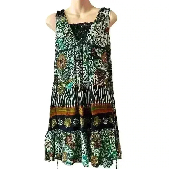 Forbidden Dress L Boho Flowy Rayon Beaded Lace Trim Hippie Festival Sundress - Picture 1 of 6